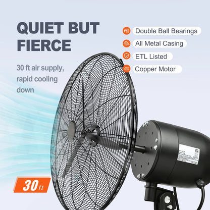 VEVOR Wall-Mount Misting Fan Oscillating Metal Fan 24.3'' 3 Speed Waterproof