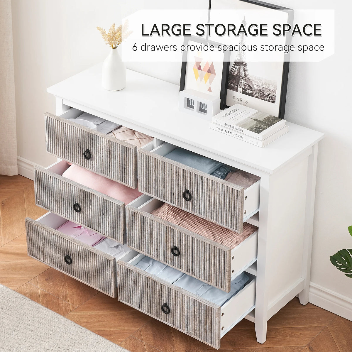 Homhougo White Dresser for Bedroom 6 Drawer, Wood Organizer Storage Cabinet with Gray Strip Drawer Door, Chest of Drawers for Closet, Living Room, Hallway, Nursery, Kids Bedroom