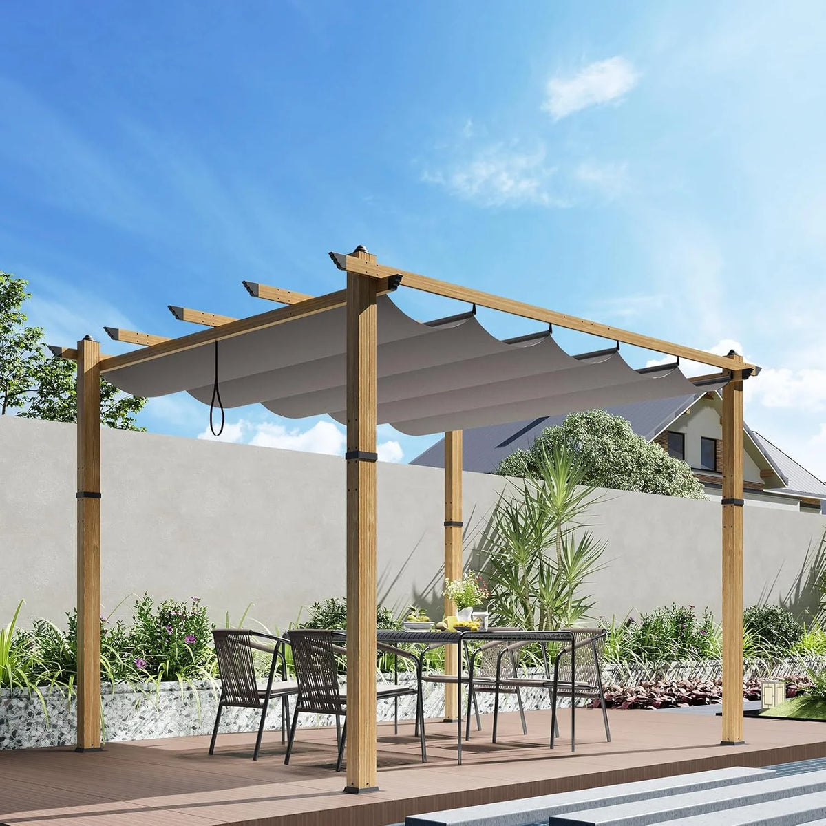 Outdoor Aluminum Pergola with Retractable Canopy, Reinforced 4-Sided Base, Waterproof & UV-Resistant Adjustable Roof, Modern Design for Patio, Deck, Backyard, and Garden