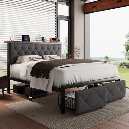 iPormis Full Bed Frame with 2 Drawers, Metal Platform Bed with Charging Station and Linen Fabric Storage Headboard Strong Metal Slats Black,Gray