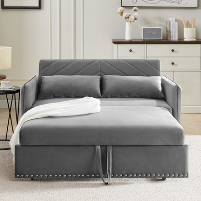 55" Convertible Sleeper Sofa Bed,3 in 1 Convertible Sleeper Loveseat with USB Ports,Modern Velvet Pull Out Sofa Bed with 2 Pillows and Rivet Design for Living Room Furniture,Gray