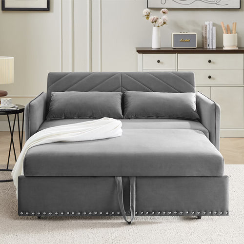55" Convertible Sleeper Sofa Bed,3 in 1 Convertible Sleeper Loveseat with USB Ports,Modern Velvet Pull Out Sofa Bed with 2 Pillows and Rivet Design for Living Room Furniture,Gray