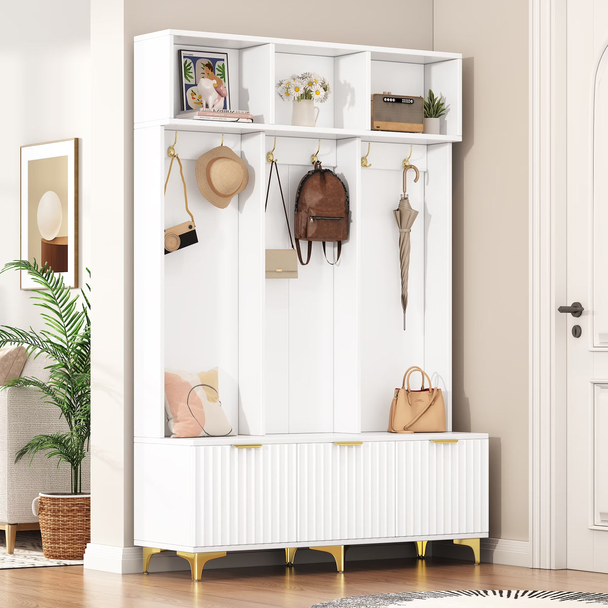 Euroco Modern Hall Tree with High Gloss Fluted Doors, Gold Accents, Shoe Storage & Bench a?? Entryway Organizer with Cubbies and Coat Hooks