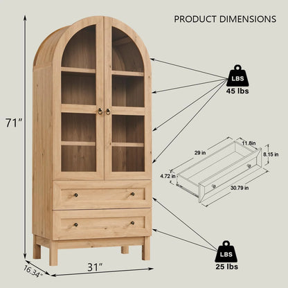 IFGET 71-Inch Arched 4-Tier Bookcase with Glass Doors and Drawers