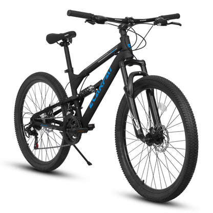 26 Inch Mountain Bike, Dual Full Suspension 21-Speed Disc Brakes Thumb Shifter, Carbon Steel Frame Mountain Bike, Mens Womens Trail Commuter City Bicycles