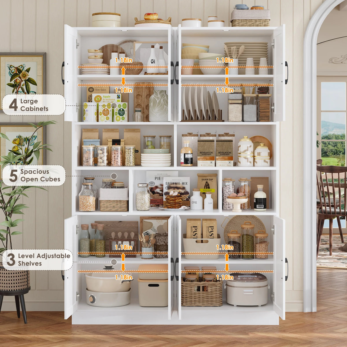 Homfa 8 Door Pantry Cabinet with Adjustable Shelves��71��H Storage Cabinet with Open Cubes for Kitchen, Dining Room, White