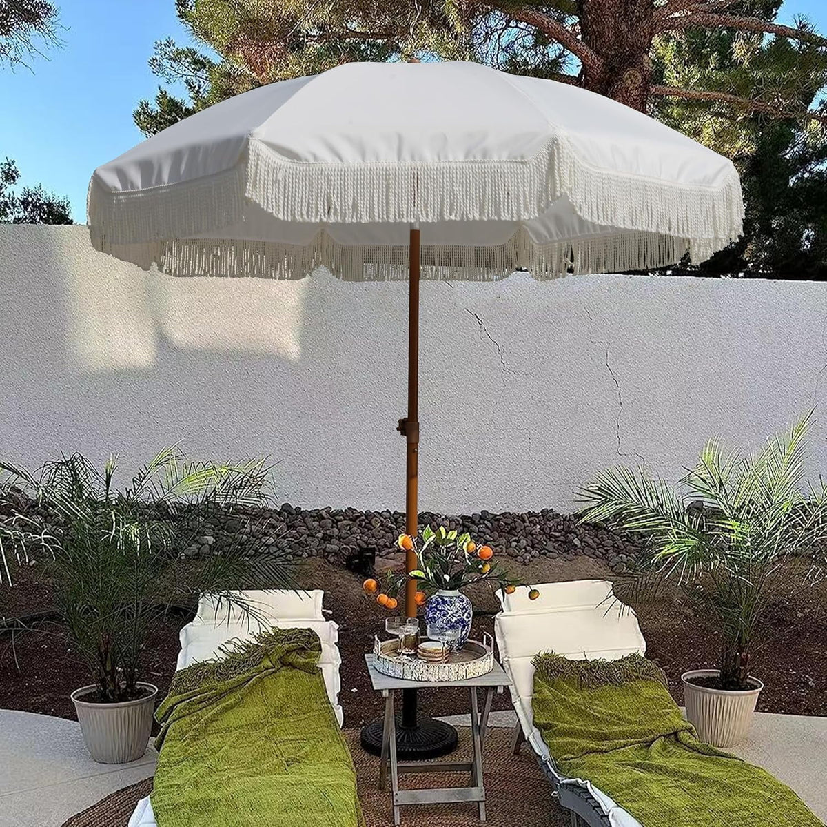 7ft Patio Umbrella with Fringe Outdoor Tassel Umbrella UPF50+ Premium Steel Pole and Ribs Push Button Tilt, Riviera Pink Stripe