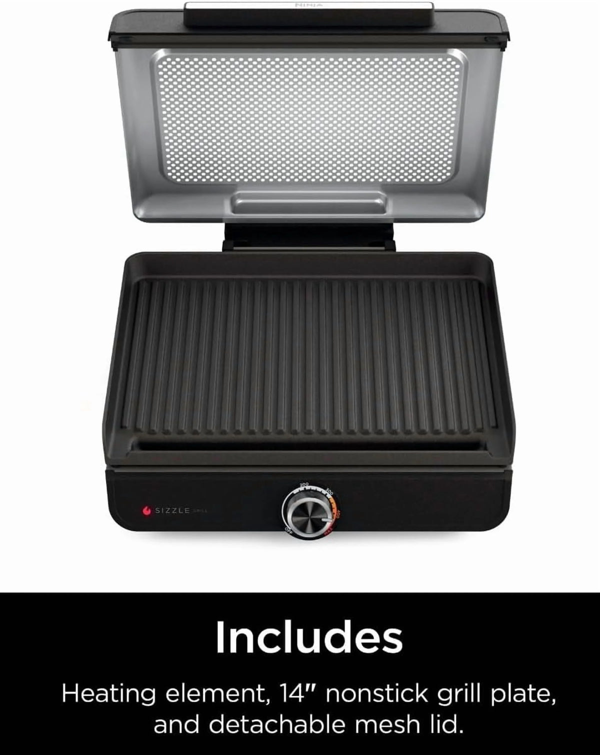 Ninja Sizzle Indoor Grill, 500��F High Heat Kitchen Grill with Nonstick 14 Inch Plate, Low-Smoke Technology, Edge-to-Edge Heating, Family-Sized Capacity, Countertop Cooking Tool (GR100)