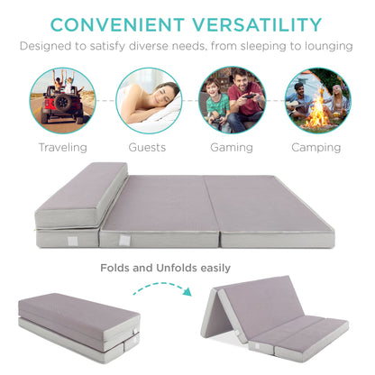 Best Choice Products 4in Thick Folding Portable Twin Tri-Fold Mattress w/ Carry Case, Washable Cover - Gray