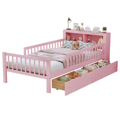 Euroco Wood Twin Size Platform Bed with Storage Headboard and Drawers, Low Profile Bed with Guardrails for Kids and Toddlers, White