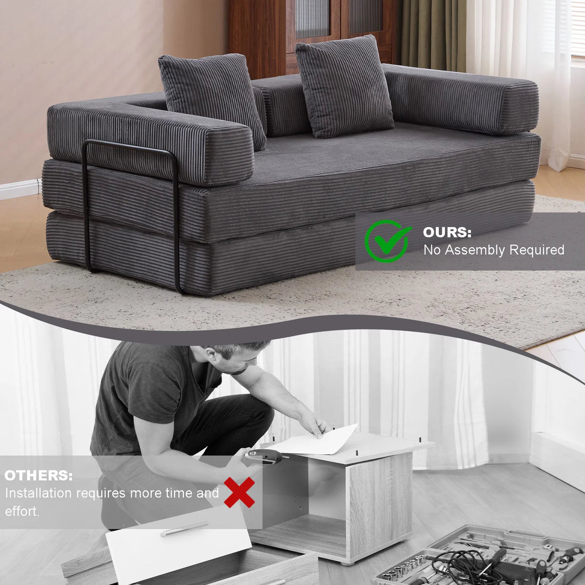 Taicans ?Convertible Floor Sofa Bed - 3 Seats Foldable Corduroy Futon Couch w/Pillow Support,Space-Saving Guest Bed for Living Room,Dorm,No Assembly Compressible Foam Mattress (Gray,76.7Inch L)