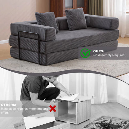 Taicans ?Convertible Floor Sofa Bed - 3 Seats Foldable Corduroy Futon Couch w/Pillow Support,Space-Saving Guest Bed for Living Room,Dorm,No Assembly Compressible Foam Mattress (Gray,76.7Inch L)