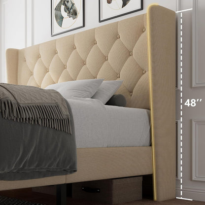 iPormis Full Size Bed Frame with Diamond Button Tufted Wingback Headboard, Upholstered Platform Bed Frame with Strong Wood Slat Support, No Box Spring Needed,Black