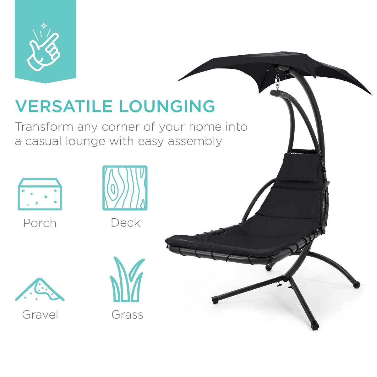 Best Choice Products Hanging Curved Chaise Lounge Chair Swing for Backyard, Patio w/ Pillow, Shade, Stand - Teal