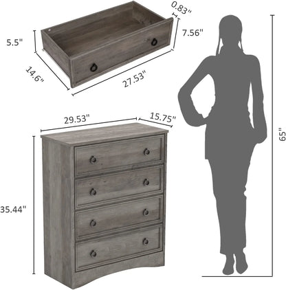 LGHM 4 Drawer Dresser, Modern Wood Chest Dresser for Bedroom Livingroom Gray