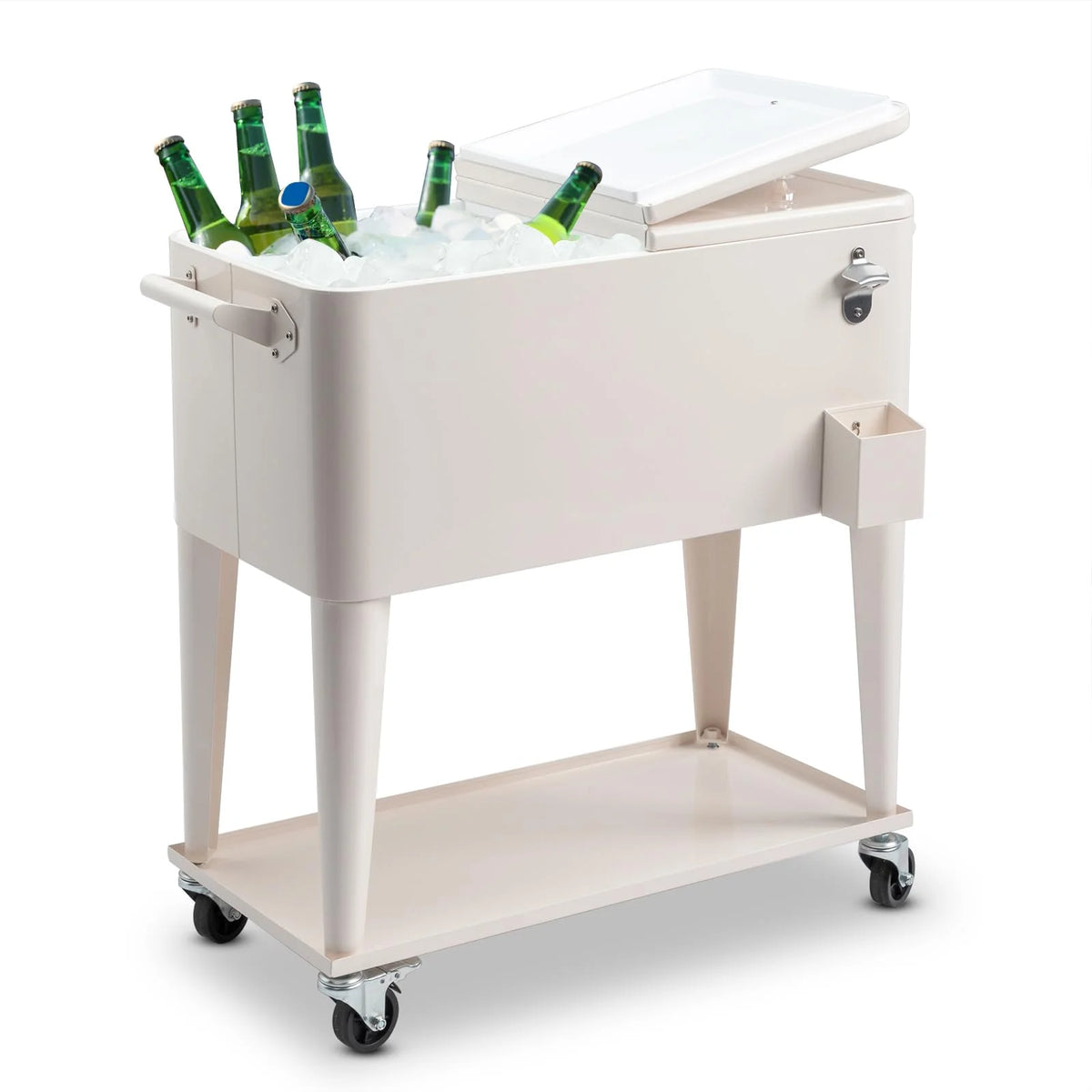 BNSPLY 80 Quart Outdoor Cooler Cart Rolling Ice Chest Cooler Cart, Portable Patio Cooler with Bottle Opener, Handles and Drainage, Standing Cooler for Patio Party, Camping and BBQ, Mint Green