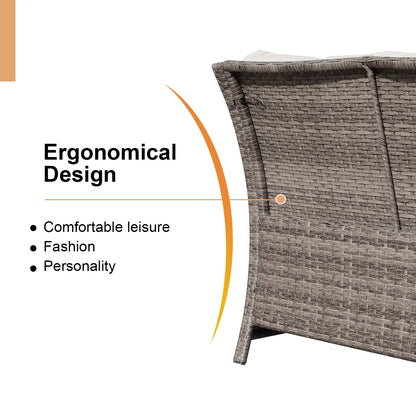 Outdoor Wicker Love Seat and Coffee Table Set, Weather Resistant Grey Rattan, Patio Furniture with Gray Cushions & Storage Bin