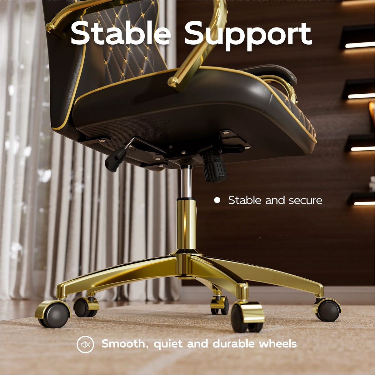 Ninecer White and Gold Office Chair with Soft Leather Embroidery, Mid Back Vintage Swivel Executive Desk Chair with Wheels and Padded Arms, Adjustable Height
