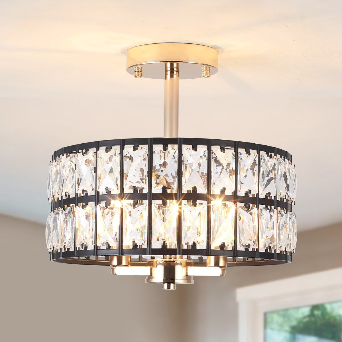 3-Light Crystal Semi Flush Mount Lights for Living Room Hallway French Gold