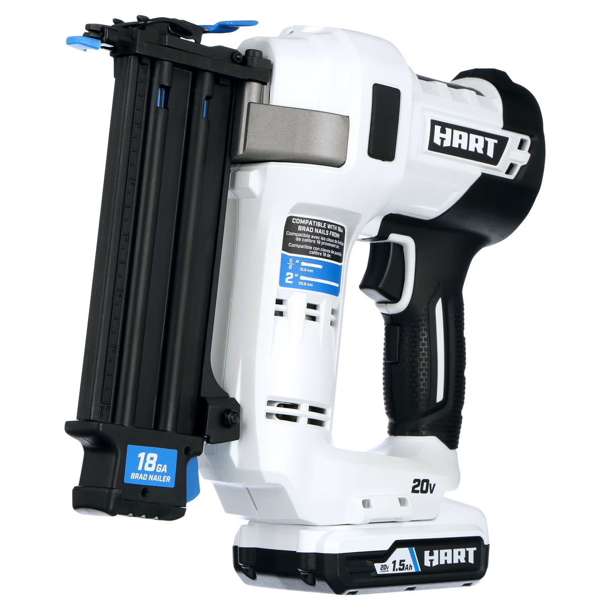 HART 20-Volt 2-inch 18-Gauge Battery-Powered Brad Nailer Kit, (1) 1.5Ah Lithium-Ion Battery