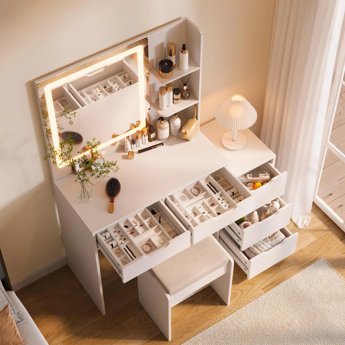 Vanity Desk, Lofka Makeup Vanity with Mirror and Lights, Large Vanity Table Set, White