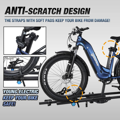 Young Electric Ebike Rack, 200lb Capacity, Alloy Steel Hitch Mount, Fits 5-Inch Fat Tire Bikes, 2-Inch Receiver