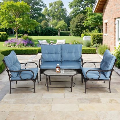 Patio Sofa Set, 4 Pieces Outdoor Sectional Furniture, All-Weather PE Rattan Wicker Patio Conversation Set, Cushioned Sofa Set with Coffee Table for Patio Garden Poolside Deck