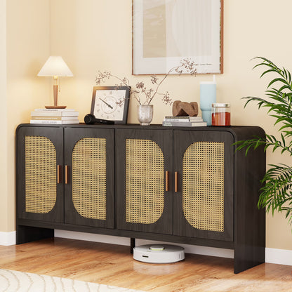 Modern Rattan Sideboard Buffet Cabinet, Kitchen Storage Cabinet, Living Room TV Stand for TVs up to 65", Entertainment Center with Adjustable Shelf, for Dining Living Room Hallway, White