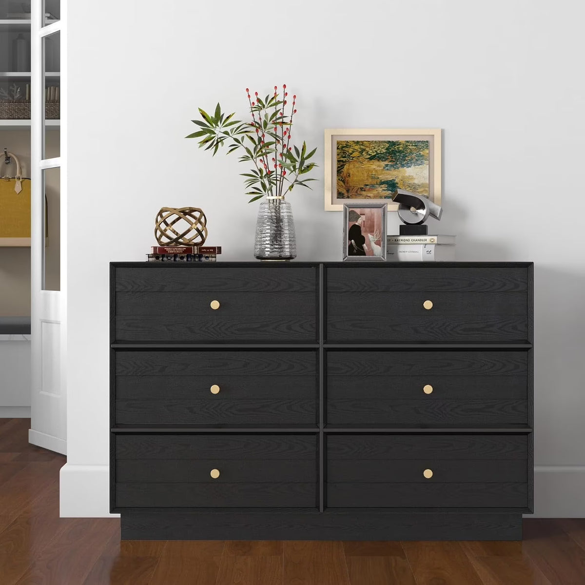 Heynemo Beige 6 Drawer Dresser, Fluted Modern Wood Chest