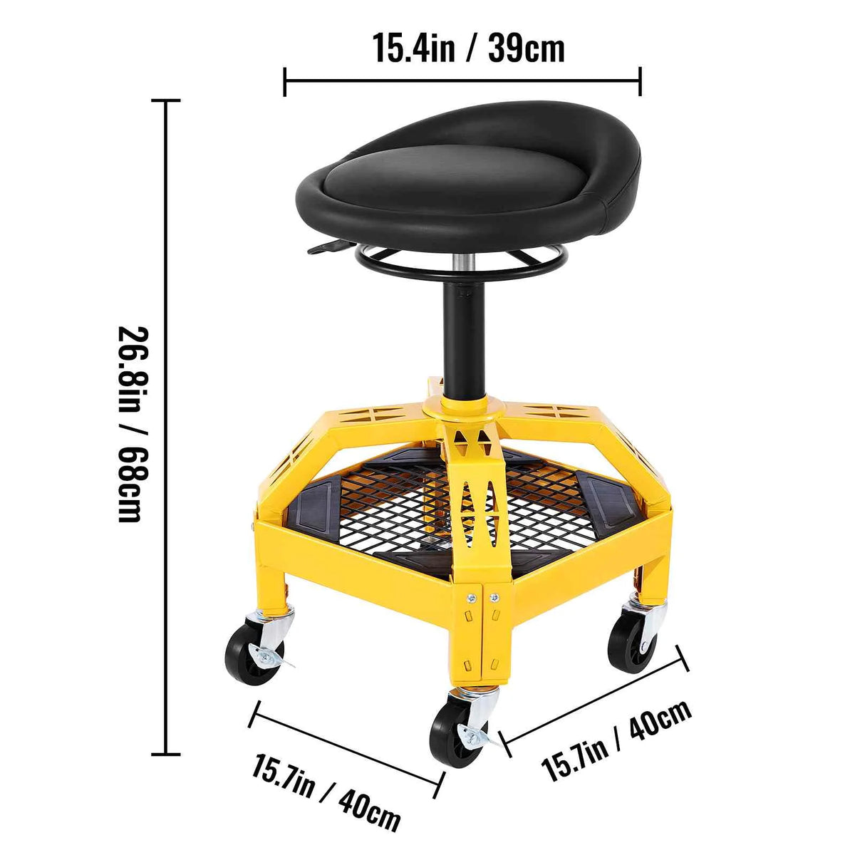 BENTISM Rolling Garage Stool, 300lbs Capacity, Adjustable Height from 24 in to 28.7 in, Mechanic Seat with 360-degree Swivel Wheels and Tool Tray, for Workshop, Auto Repair Shop, Yellow