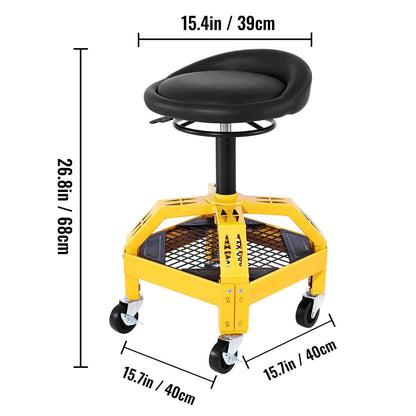 BENTISM Rolling Garage Stool, 300lbs Capacity, Adjustable Height from 24 in to 28.7 in, Mechanic Seat with 360-degree Swivel Wheels and Tool Tray, for Workshop, Auto Repair Shop, Yellow