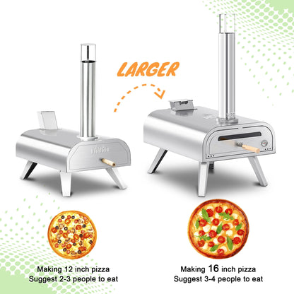 BIG HORN OUTDOORS 16 Inch Pellet Pizza Oven Outdoor, Wood Pellet Pizza Stove with Pizza Stone for Backyard, Camping, Silver