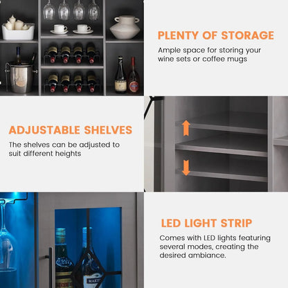 FOLDLIFE Wine Bar Cabinet with LED Lights, Liquor Cabinet Bar with Storage Cabinet, Coffee Cabinet with Bottles and Glass Rack, Buffet Sideboard with Storage Cabinet&Drawers,Dark Grey