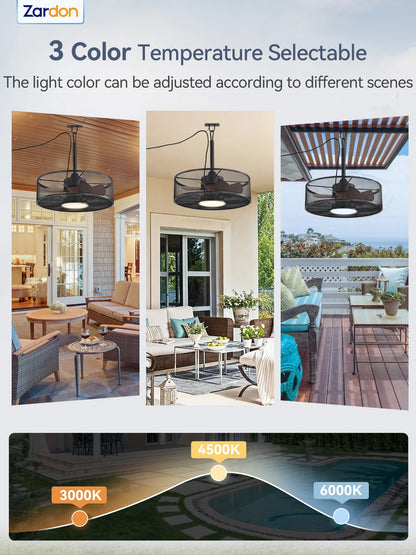 Zardon 20" Outdoor Ceiling Fan with Light and Remote, 7 Blades Caged Waterproof Gazebo Fan for Patio, Porch, Pergola Canopy, App Control