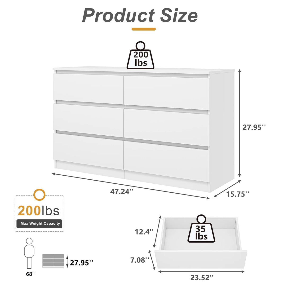 Kadyn White Chest of Drawer, 6 Double Drawer Dresser for Bedroom, Modern Storage Cabinet for Living Room, Dresser