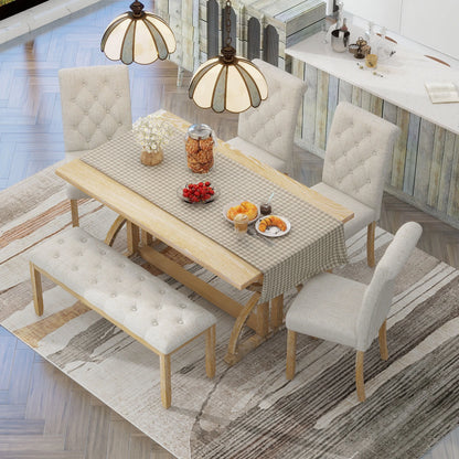 Besthome 6-Piece Retro Rectangular Dining Table Set, Table with Unique Legs and 4 Upholstered Chairs & 1 Bench for Dining Room and Kitchen (Natural Wood Wash)