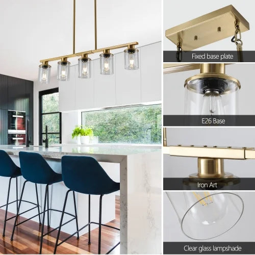 ACE-LIGHTS,Modern Industrial 5-Light Chandelier with Clear Glass Shades(Bulbs Not Included),Hanging Ceiling Light Fixture for Living Room,Dining Room,Kitchen Island(Black)