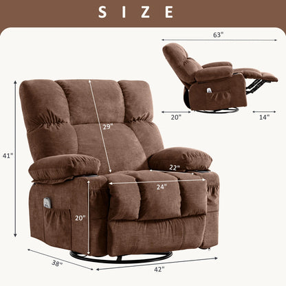 JONPONY Manual Recliner Chair with Heat Therapy and Massage Function, Heavy Duty Reclining Mechanism Massage Chair, Elderly Single Rocker Sofa with Cup Holders for Bedroom Home Theater,Grey