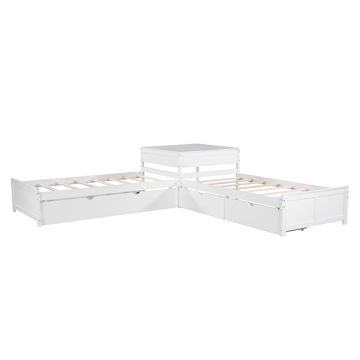 Euroco Wood Twin Size L-Shaped Platform Bed with Square Storage Table for Kids Teens, 2 Platform Beds with Trundle and Drawers for Living Room, 3 Twin Beds, Gray