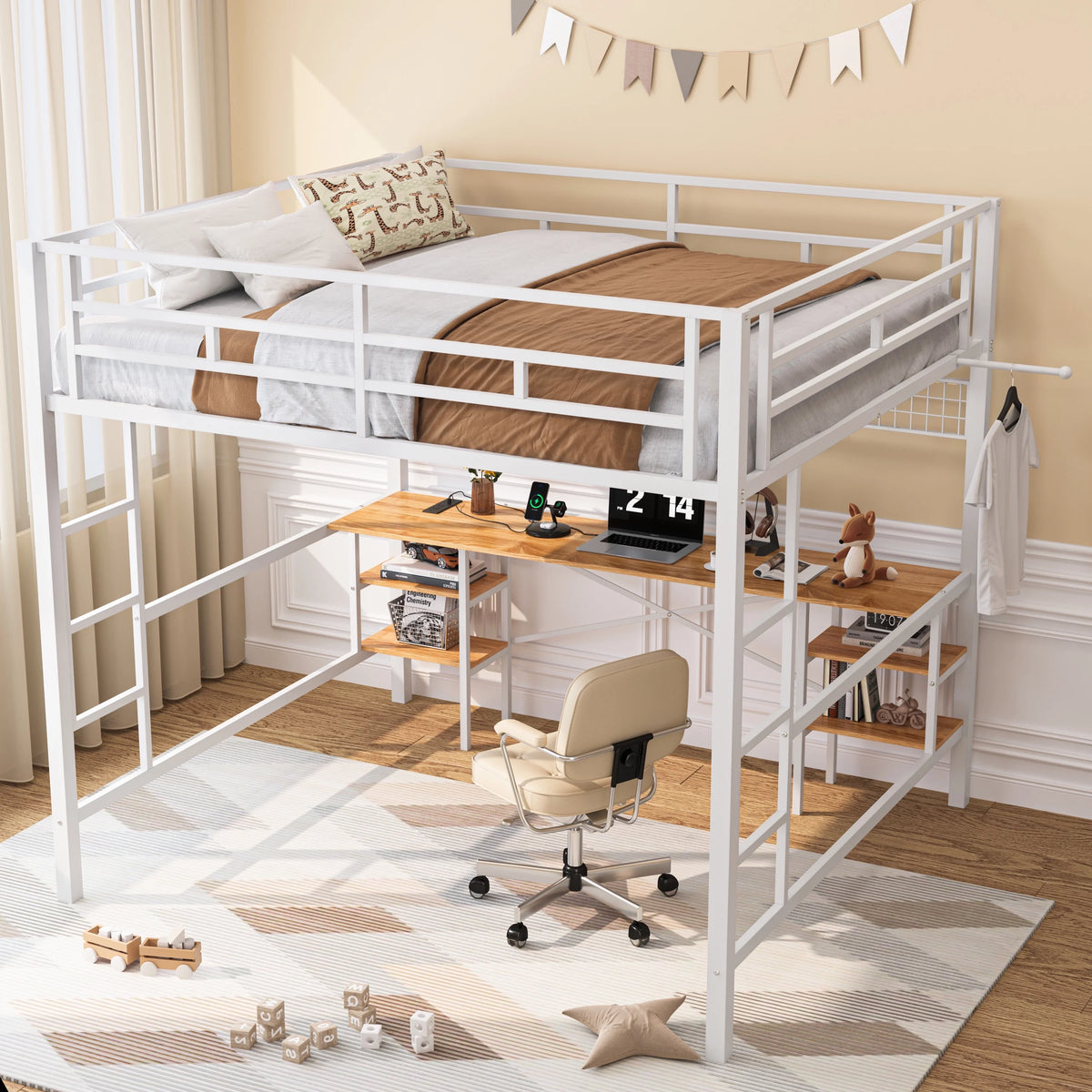 Twin Loft Bed with Desk, UHOMEPRO Metal Loft Bed with LED Lights, Charge Station, DIY Mesh, Clothes Rail, 4 Storage Shelves, Safety Rails and 2 Ladders, Loft Bed for Teen Adult, Black