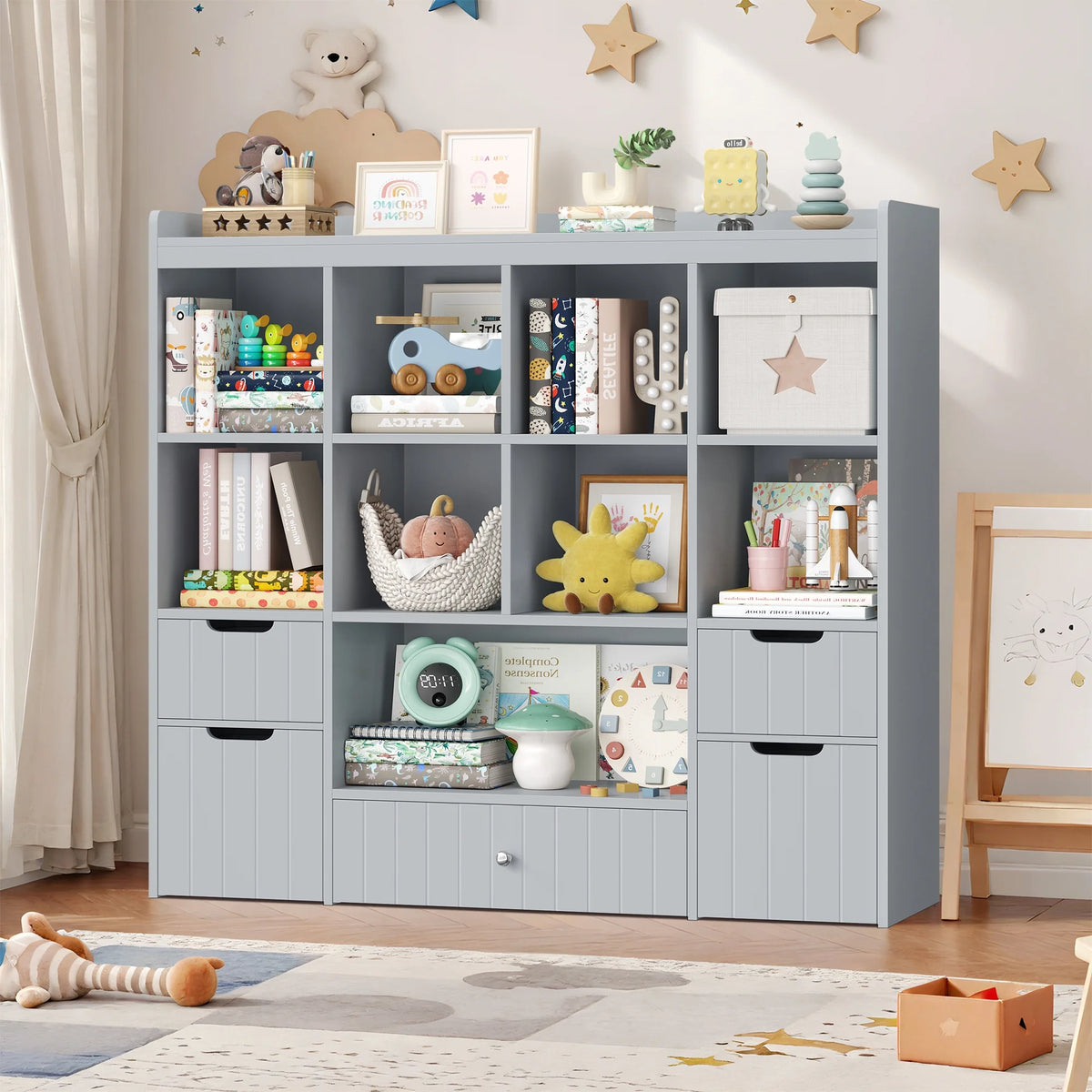 Homfa Kids Toy Storage Organizer with Cubby, Kids Toy Storage Chest with Removable Drawers, Kids Bookcase for Playroom Bedroom Living Room, Gray