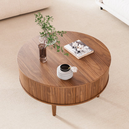 Oubayajia Round Coffee Table, Small Fluted Lift Top Center Table for Home Living Room Office, Walnut