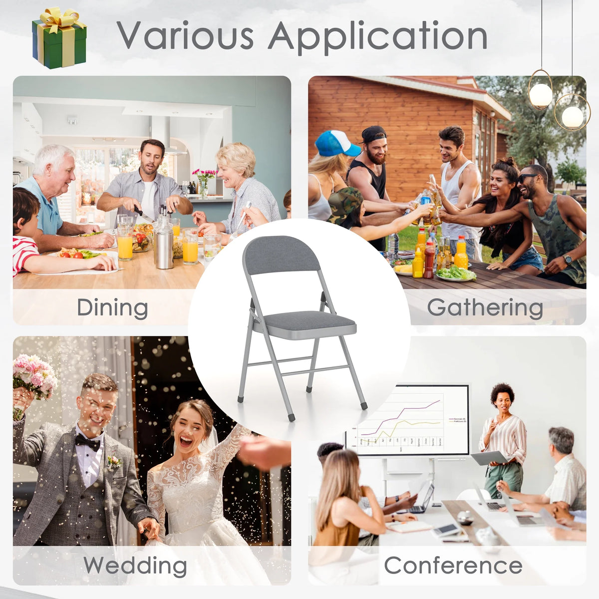 VECELO Set of 4 Folding Chairs, Fabric Dining Chair Set with Padded Cushion and Back, Indoor Outdoor Upholstered Seat with Metal Frame for Home Office Events Wedding Party, Orange
