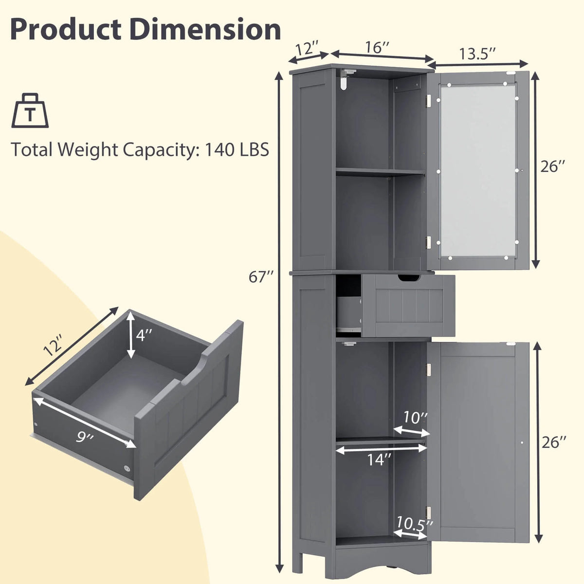 Costway Tall Bathroom Cabinet with Adjustable Shelves Deep Drawer for Living Room Black