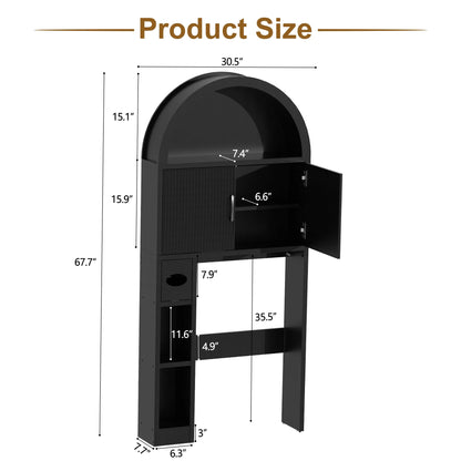 HARIPUL Over The Toilet Storage Cabinet w/ Unique Wood Grain & Arc Design, Freestanding Bathroom Shelf Organizer Space Saver w/ Doors & Anti-Tip Device, Wood Color