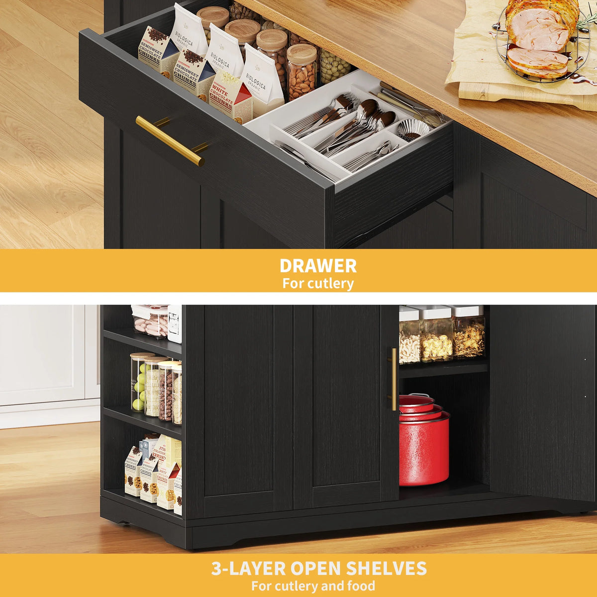 DWVO Kitchen Storage Cart with Trash Can Storage Cabinet, Rolling Kitchen Island with Wheels and Drawers for 13-Gallon Trash Bin, Gray
