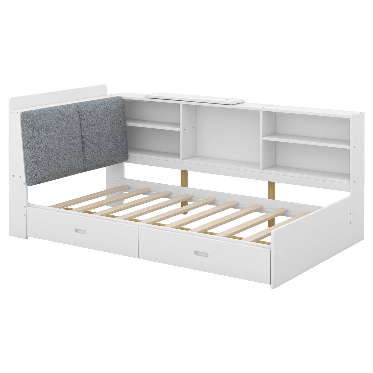 Euroco Wood Twin Size Platform Bed with Storage Headboard and Shelves, 2 Drawers Floor Bed for Kids, White