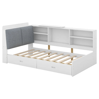 Euroco Wood Twin Size Platform Bed with Storage Headboard and Shelves, 2 Drawers Floor Bed for Kids, White