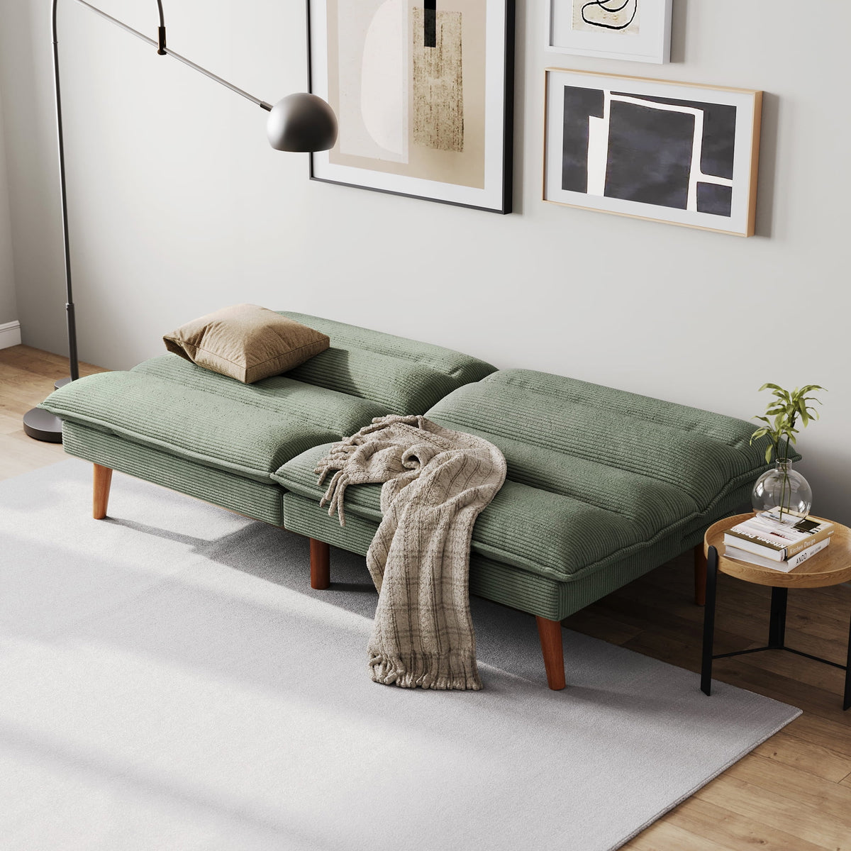 Linsy Home 71" W Corduroy Convertible Futon Sofa Bed, Army Green