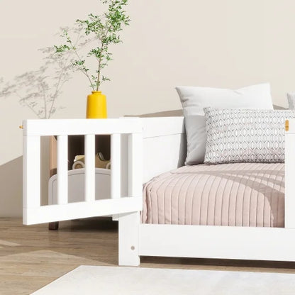 Bellemave Twin Size Floor Bed with Fence, Montessori Floor Twin Bed with Built-in Book Rack, Solid Wood Twin Bed with Slats and Safety Guardrails, Natural